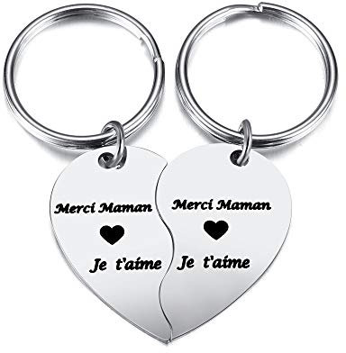 PiercingJak 2PCS Porte-clés Maman Je t'aime Cœur Couple Amitié Amoureux Merci Maman Mere Pendentif Puzzle Séparable Acier Inoxydable Cadeau Amour Fête des Mères(Merci Maman)