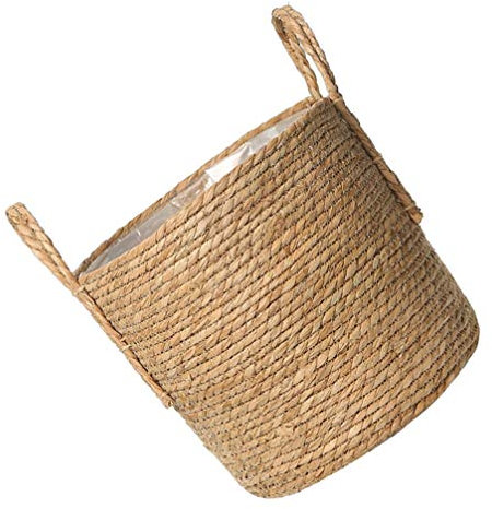 Indoor Wicker Plant Pot with Handle - Seagrass Basket Planter for Small to Medium Plants, Multipurpose Storage Organizer with Waterproof Lining (9.8 Inches Diameter, 8.3 Inches Height)