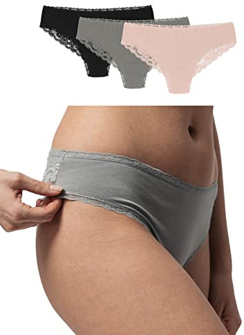 Snocks Brazilian Slip mit Spitze Damen aus Bio-Baumwolle (3er Pack) - Damenunterwäsche mit perfekter Passform und angenehmem Tragegefühl - Unterwäsche Frauen Gr.XL, Farbe Apricot/Grün/Schwarz