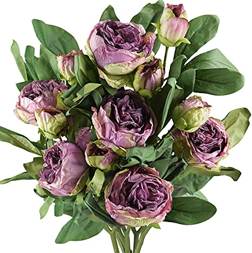 FiveSeasonStuff Vintage Dusty Purple Peonies Silk Artificial Flowers Arrangement with 6 Stems, Wedding Bridesmaids Bouquet Bridal Showers
