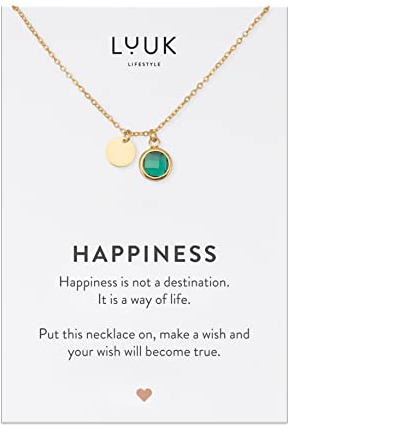 LUUK LIFESTYLE Hochwertige Kette mit grünem Kristall Anhänger und persönlicher Spruchkarte, Glücksbringer, Yoga-Kette, Layer Look, Edelstahl Abendschmuck, Gold