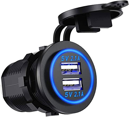 12V USB Outlet,Waterproof Dual Ports USB Charger Socket Adapter Fast Charging Outlet DC 12V-24V Blue LED for Vehicles, Cars, SUVs, Motorcycles, Bikes, Boats, Marine, etc.