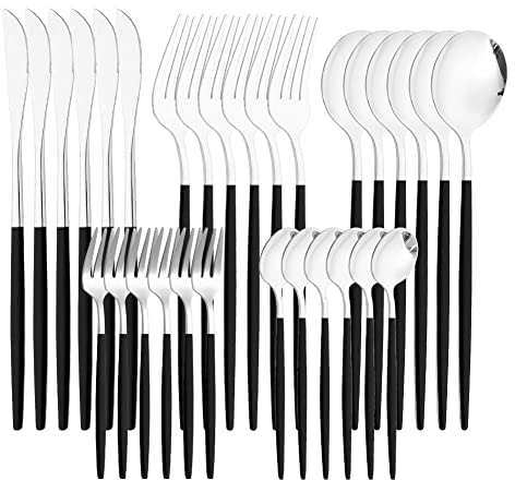 Jorzer Conjunto de Cubiertos Conjunto de vajillas de Acero Inoxidable Conjunto de Cubiertos de Plata Cuchara de Cubo y Conjuntos de Horquilla Conjuntos de Utensilios de Cubiertos (Negro) 30pcs
