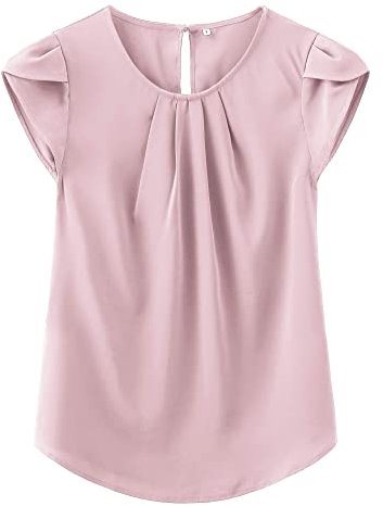 TASAMO Women’s Blouses Casual Cap Sleeves Front Pleated Round Neck Keyhole Back Chiffon Dressy Top(Large, Pink)