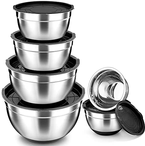 Rührschüssel 6er-Set, TEAMFAR Edelstahl Schüssel Salatschüssel Set mit Luftdichten Deckel und Silikonböden, 0,7L / 1,5L / 1,6L / 2,5L / 2,8L / 4,6L, Stapelbar, Spülmaschinenfest, Schwarz