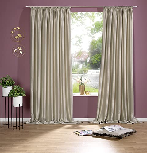 deco home | Satin Gardine mit Kräuselband, Verdunklungsvorhänge, Blickdicht, Höhe personalisierbar | Beige | 300 cm
