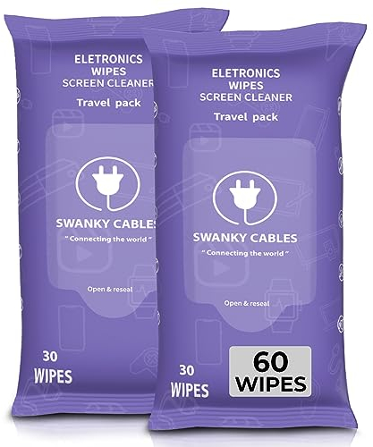Swanky Cables Screen Cleaner Wipes: Electronic Wipes for Screens - Computer Screen Wipes for Lens, Phone, Tv Screen and Monitor Cleaning - Tech Wipes & Microfiber Cloth (Soft Wipes, 60 Count)