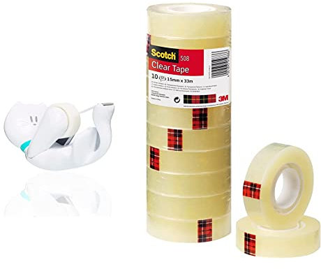 Scotch Distributeur de Ruban Adhésif Chat - 1 Distributeur de Ruban Adhésif + 1 Rouleau Ruban Magique Ruban Adhésif Transparent 508-10 Rouleaux - 15mm x 33m