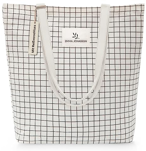 Emma Jonasson Jutebeutel mit Reißverschluss - Stilvoller Shopper Damen mit Innentasche - Einkaufstasche mit langem Henkel - perfekte Tasche als Tote bag, Schultertasche, Stofftasche groß kariert