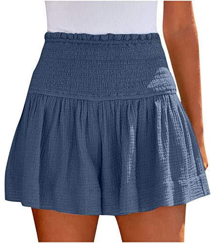 Susenstone Shorts en Été Femme Taille Haute Shorts Ourlet à Volants Taille Élastique Plissé Shorts de Plage Amples Fluide Short Femme Ete Casual Pantalons Short pour Femme Bleu Foncé