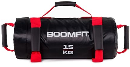 BOOMFIT Power Bag 15 kg Sandsack vorgefüllt | Sandbag Fitness mit 4 Nylon-Griffen für Crossfit HYROX Strongman | Fortgeschrittenes Gewicht für Männer-Wettkampf | 60x23x22 cm Schwarz-Rot