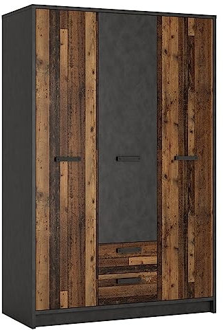 Lomadox Kleiderschrank Jugendzimmer 3-türig in grau mit Holz Nb., Jugendzimmerschrank, schmal, Schrank, Bekleidungsschrank, Kleiderregal, Gaderobenschrank, Stauraumschrank, B/H/T ca. 128/196/60 cm