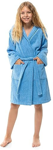 Twinzen Bademantel für Kinder & Teenager Mit Kapuze - 100% Öko Tex Baumwolle, Jungs 15-16 Jahre, Blau Frottee, Extra Weich und Saugfähig