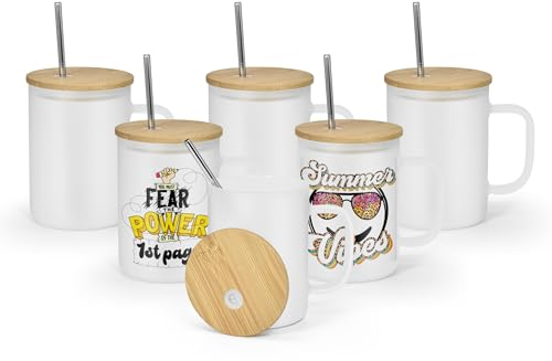 AGH 6 Pack Frosted Glass Cups with Handles, 16oz Sublimation Blanks with Bamboo Lid and Stainless Steel Straw