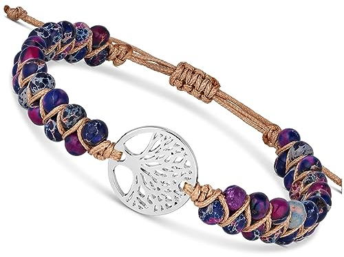 BENAVA Damen Yoga Armband Jaspis Edelstein Perlen mit Lebensbaum Anhänger Bunt | Edelstein Armband Meditation | 16-24 cm