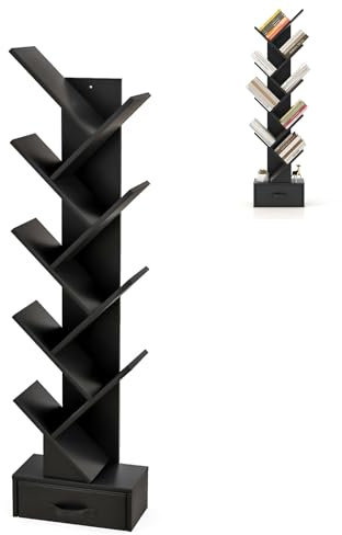 SFAREST 8/10-Tier Tree Bookshelf, Floor Standing Wooden Bookcase with Anti-slip Foot Pads, Display Storage Book Rack for Living Room, Home & Office (10 Tiers, Black)