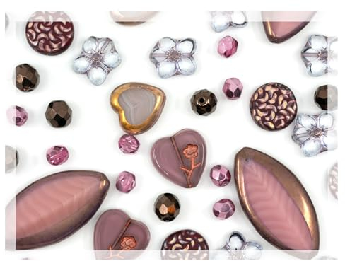 45+ pcs (60g) of Focal Glass Bead Mix with Table-Cut Flower and Butterfly Beads, PG Pink Purple