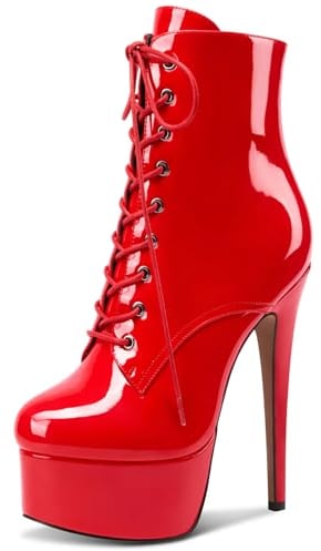 NobleOnly Damen Hoher High Stiletto Plateau Plattform Absatz Heel Runde Zehenkappe Reißverschluss Schnüren Schnürung Abschlussball Stiefeletten 15 CM Heels Rot 42 EU