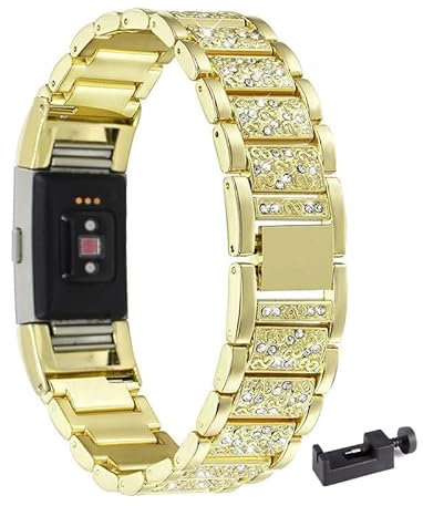 LXURY Bling Metall Armbänder kompatibel mit Fitbit Charge 3/ Charge 4 Armband, Funkelnd Diamant Metall Ersatz Armband (Gold)