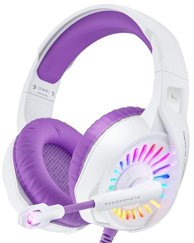 ZIUMIER Purple Gaming Headset with Microphone, Compatible with PS4 PS5 Xbox One PC Laptop, Over-Ear Headphones with LED RGB Light, Noise Canceling Mic, Stereo Surround Sound (Purple)