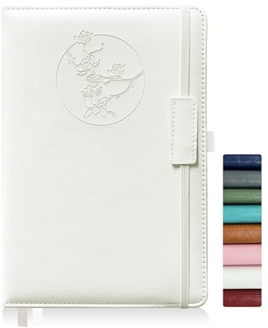 Qefuna Notebook Journal für Frauen Männer, 256 Seiten A5 Hardcover Leder Journaling Notizbücher für die Arbeit, liniertes Journal/Notizbuch mit 100Gsm Papier, Stifthalter 5.8×8.4(Weiß)