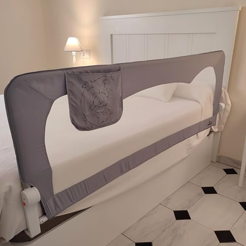 Mundibebé Barrera Seguridad Niños Cama 180 x 66 cm con Bolsillo - Seguridad y Comodidad, Alta y Robusta - Barrera Cama Niños Abatible - Barandilla Cama Niño Modelo Osito y Luna Gris
