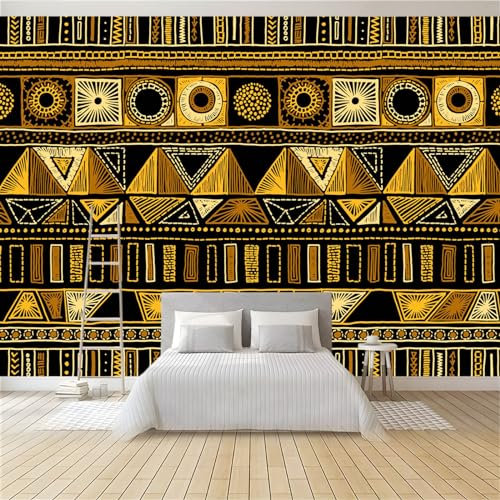 Papier Peint Mural Salon Imprimé Ethnique Doré 350 x 256 cm Papier Peint Panoramique Intissé Moderne, Décoration Murale Poster Tableaux Muraux Imprimé 3D Tapisserie Photo