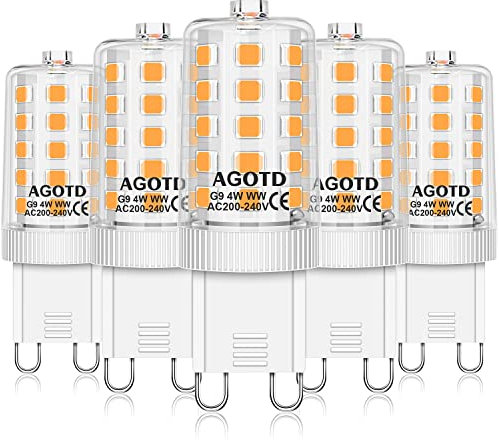 AGOTD G9 LED Lampe Warmweiß 2700K, LED Leuchtmittel G 9 4W entspricht 30W-40W Halogenlampe, Glühbirne kein Flackern, nicht dimmbar, Enegiesparende kleine Birne, 5er Pack