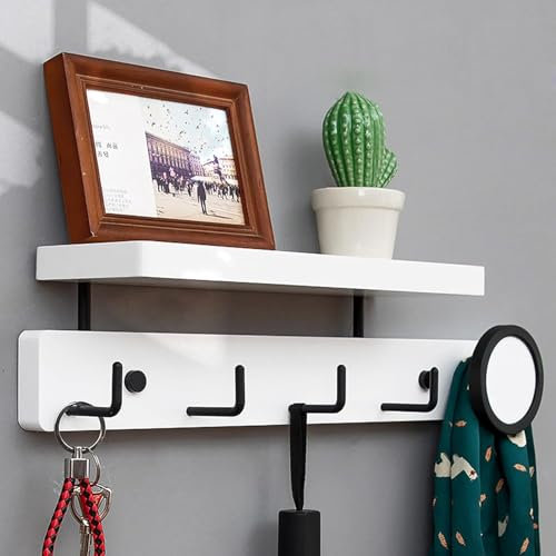 Porte-manteau mural avec étagère de rangement, crochets en bois pour couloir, salle de bain, salon, chambre à coucher, blanc, 49,5 x 6 cm