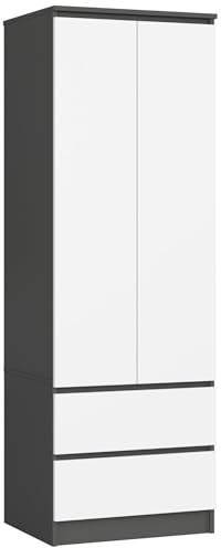 AKORD Armoire 2 Portes | Armoir Chambre 2 Tiroirs 2 Etagères et Une Tringle | L60 x H180 x P51 cm| Armoire sans Penderie Chambre | Dressing Rangement PlacardGris Graphite & Façade Blanc