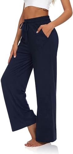 VIGVAN Jogginghose Damen Yogahose Weites Bein Freizeithose Trainingshose Sporthose Aktive Freizeit Gerades Bein Kordelzug Lose Lounge Pants mit Taschen (Navy Blau, M-2)