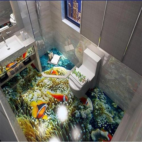 LUXINSHISU Self-Adhesive PVC Floor Tile Mural 3D Wallpaper Under The sea Coral Swimming Fish Indoor Bathroom Bedroom Living Room Floor Decorative Art Stickers