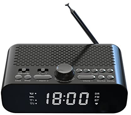 HUIOP Radio-Réveil Dab/FM,Radio-Réveil Numérique Dab/FM De Chevet avec Lecture en Continu BT, Écran LED Géant, Double Alarme, Batterie Rechargeable Longue Durée, Haut-Parleur Hi-FI avec Woofer