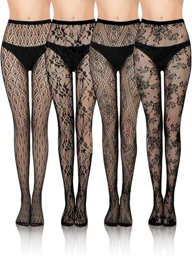 BOARDFEB 4 Pairs Lace Patterned Fishnet Tights Black Fishnets Leggings Lace Tights Floral Pantyhose Stockings Fishnet Thigh High Stockings Waist Tights for Women Girls Halloween