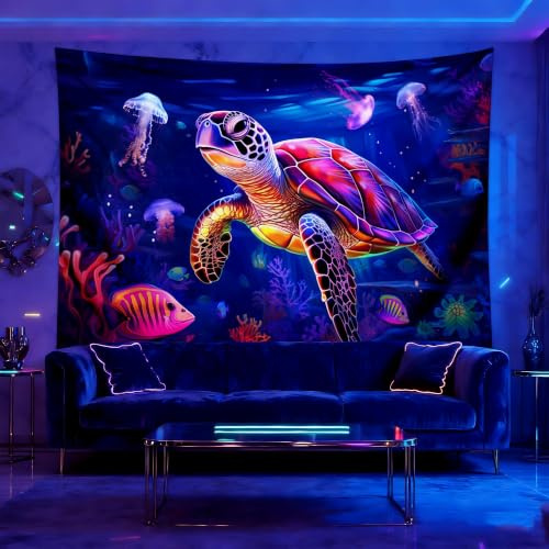 QGHOT Schwarzlicht-Schildkröten-Wandteppich, 229 x 177,8 cm | Leuchtet im Dunkeln, Ozean-Design, Schwarzlicht-Meeresschildkröte, Poster, für Kinder, Jugendzimmer, Schlafzimmer, Dekoration