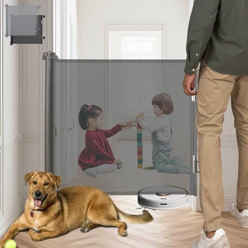 KOKOTTA - Puerta Retráctil - Adhesivos O Tornillos – 0-140 cm – Seguridad Bebés, Niños, Perros – Barrera Extensible: Escaleras, Puertas, Pasillos - Interior, Exterior. +Incluye Protectores (Gris)
