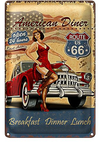 Retro Blechschild 'American Diner | Route 66 | Open 24 Hours' – Vintage Dekoration für Küche & Esszimmer | Nostalgischer Stil | 20 cm x 30 cm