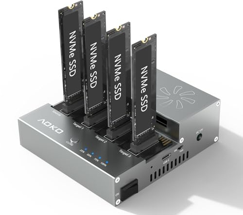AOKO M.2 NVMe SSD Cloner Duplikator mit Kühlventilator, 4-Bay M.2 Cloner NVMe Gehäuse für PCIe 22110 2280 2260 2242 2230 SSD NVMe Dockingstation, unterstützt 1-zu-3 Offline-Klone, Aluminiumlegierung