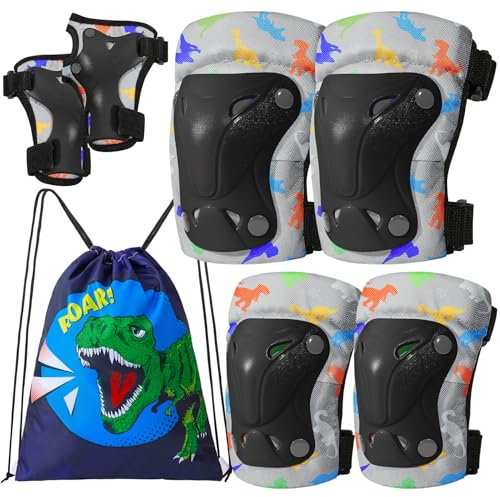 Unicorn Castle Rodilleras y coderas de dinosaurio para niños 6 en 1, juego de equipo de protección ajustable con bolsa de cordón, 3-8 años