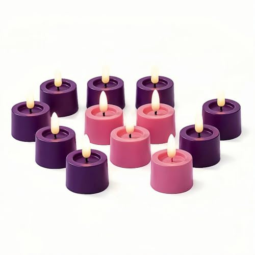 Simplelight Advent Candles, Purple & Pink Tea Lights Candles, Pack of 12 | Advent Wreath with Flameless Candles, Realistic Black Wick, Purple & Pink color, Battery included