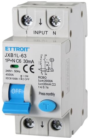 Interruttore magnetotermico differenziale salvavita, 1P+N, occupa 2 moduli DIN, 220V 230V, 6A C6, 30mA, 6KA 6000A, RCBO