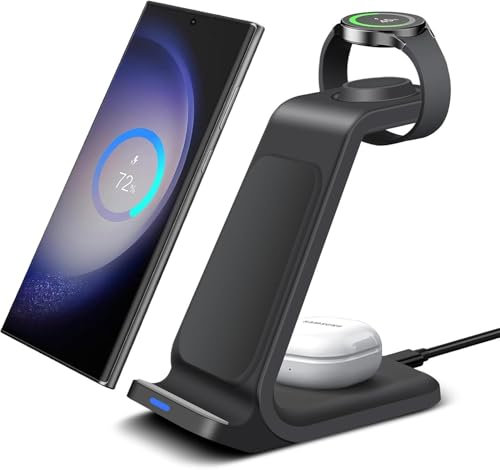 Chargeur sans Fil pour Samsung, Station de Charge 3 en 1 pour Samsung S25 S24 S23 S22 /Z Flod 6/Z Flip 6, Chargeur Induction pour Galaxy Watch Ultra/7/6/5, Galaxy Buds 3/3 Pro/2 (Noir)