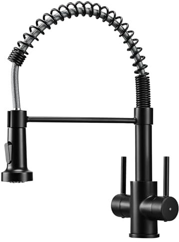 Peppermint Kitchen Taps with Pull Out Spray Dual Lever Spring Matt Black Kitchen Mixer Tap Twin Lever Hot Cold Sink Taps Mixer 1 Hole Brass Commercial Faucet Pull Down 360° Swivel Spout