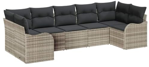 vidaXL 7-teiliges Garten-Sofa-Set mit Kissen in Hellgrau aus Poly-Rattan – Wetterfeste Kissenbezüge für Deine Terrasse und modulares Lounge-Möbel.