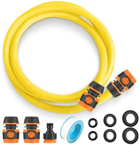 11pc Short Hose Pipe Connector Set with PTFE Plumbers Tape - Garden Hose Connector Set with Short Pipe Hosepipe Fittings Washers and Anti Leak Tape for Connecting Outside Tap to Hosepipe Reel (2.5m)