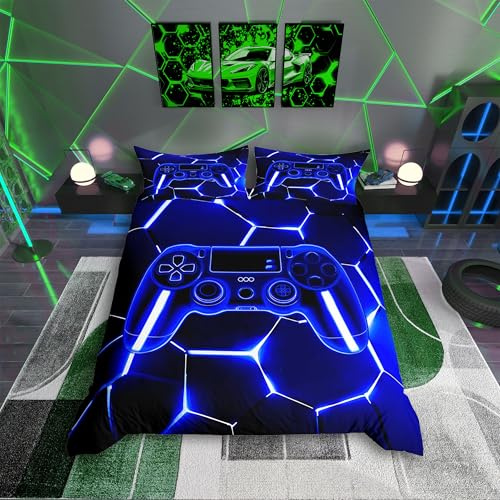 Homemissing Gaming Bettwäsche Set 135x200cm für Mädchen Jungen Kinder blau und schwarz Gamer Bettbezug Zimmer Dekor Spielekonsole Controller Bettwäsche-Set Honeycomb