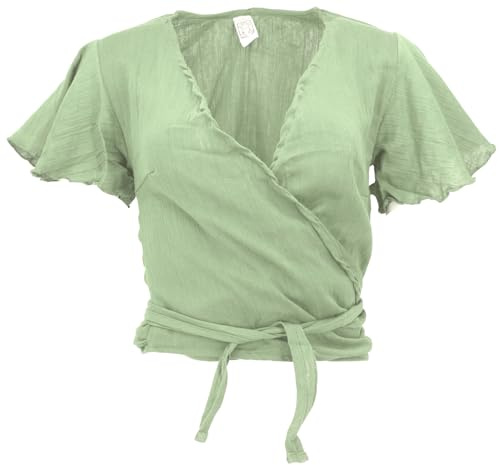 GURU SHOP Boho Wickelbluse, Wickeltop aus Baumwolle, schwarz | Baumwolle, kurzärmlig, regulierbare Weite, vielseitig kombinierbar