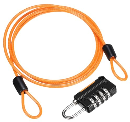 sourcing map Security Steel Cable 4Digit Combination Lock,3.3Ft Orange Rope | Coated Safety Wire Double Loop Padlock Luggage Lock for Outdoor Travel (100cm)