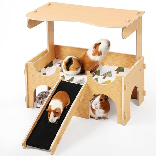 Meerschweinchen Haus aus Holz – Hamster Haus mit Wechselkissen & Versteck, Kaninchenhaus mit abnehmbarem Dach, Für Kleintiere wie Hamster, Kaninchen, Igel