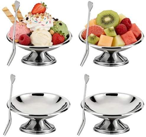 4 Stück Eisbecher Edelstahl Ø11cm 180ml Ice Cream Cup Dessertschale | Silber Spülmaschinengeeignet Eisschale mit Gabel für Eiscreme Obstsalat Joghurt Fruchtpudding Hochzeit Party Zuhause